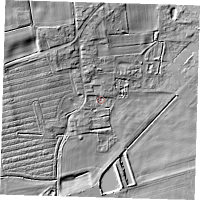 Shaded relief map of the ground around PE234DA, computed from Environment Agency LiDAR. The ground here sits at about 11 m above sea level and falls 16 m across the surrounding 800 m. Surface water reaching this point runs off ground lying to the north-north-west, 8.3 m higher.