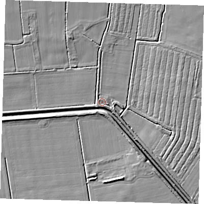 Shaded relief map of the ground around PE234DD, computed from Environment Agency LiDAR. The ground here sits at about 3 m above sea level and falls 6 m across the surrounding 800 m. Surface water reaching this point runs off ground lying to the south-east, 3.6 m higher.