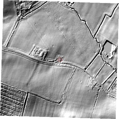 Shaded relief map of the ground around PE234JJ, computed from Environment Agency LiDAR. The ground here sits at about 20 m above sea level and falls 11 m across the surrounding 800 m. Surface water reaching this point runs off ground lying to the west, 5.3 m higher.
