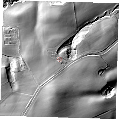 Shaded relief map of the ground around PE234NE, computed from Environment Agency LiDAR. The ground here sits at about 57 m above sea level and falls 45 m across the surrounding 800 m. Surface water reaching this point runs off ground lying to the south-south-west, 9.1 m higher.