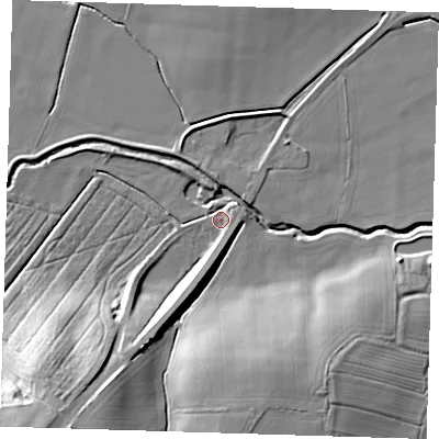 Shaded relief map of the ground around PE234PE, computed from Environment Agency LiDAR. The ground here sits at about 16 m above sea level and falls 26 m across the surrounding 800 m. Surface water reaching this point runs off ground lying to the south-west, 23.5 m higher.