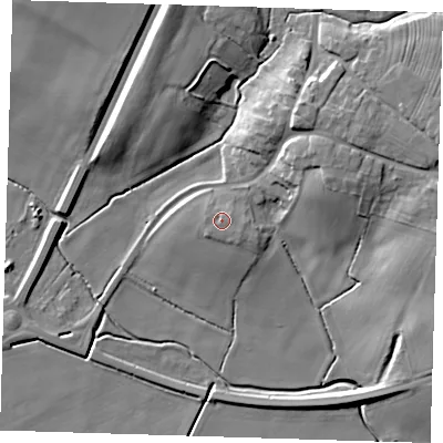 Shaded relief map of the ground around PE234PF, computed from Environment Agency LiDAR. The ground here sits at about 20 m above sea level and falls 13 m across the surrounding 800 m. Surface water reaching this point runs off ground lying to the south-west, 0.9 m higher.