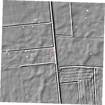 Shaded relief map of the ground around PE235AY, computed from Environment Agency LiDAR. The ground here sits at about 0 m above sea level and falls 3 m across the surrounding 800 m. Surface water reaching this point runs off ground lying to the east-south-east, 1.5 m higher.