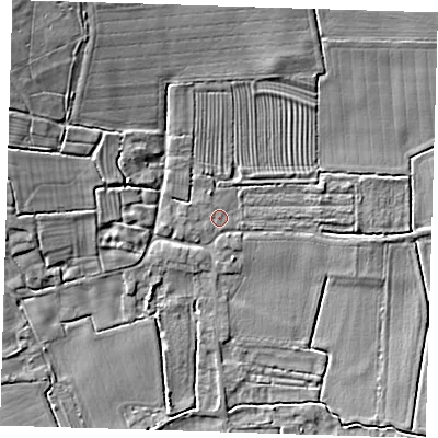 Shaded relief map of the ground around PE235AZ, computed from Environment Agency LiDAR. The ground here sits at about 8 m above sea level and falls 17 m across the surrounding 800 m. Surface water reaching this point runs off ground lying to the north-north-west, 1.1 m higher.