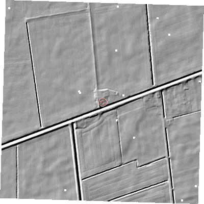 Shaded relief map of the ground around PE235BA, computed from Environment Agency LiDAR. The ground here sits at about 0 m above sea level and falls 4 m across the surrounding 800 m. Surface water reaching this point runs off ground lying to the east-south-east, 3.2 m higher.
