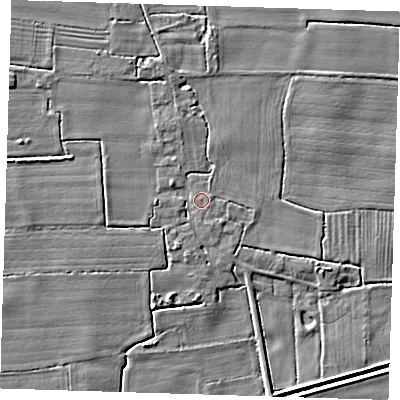 Shaded relief map of the ground around PE235BD, computed from Environment Agency LiDAR. The ground here sits at about 4 m above sea level and falls 5 m across the surrounding 800 m. Surface water reaching this point runs off ground lying to the north, 3.1 m higher.