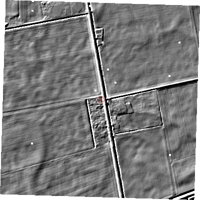 Shaded relief map of the ground around PE235BE, computed from Environment Agency LiDAR. The ground here sits at about 0 m above sea level and falls 4 m across the surrounding 800 m. Surface water reaching this point runs off ground lying to the east-south-east, 1.2 m higher.