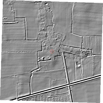 Shaded relief map of the ground around PE235BF, computed from Environment Agency LiDAR. The ground here sits at about 4 m above sea level and falls 6 m across the surrounding 800 m. Surface water reaching this point runs off ground lying to the north-west, 3.0 m higher.