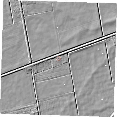 Shaded relief map of the ground around PE235BG, computed from Environment Agency LiDAR. The ground here sits at about 0 m above sea level and falls 4 m across the surrounding 800 m. Surface water reaching this point runs off ground lying to the north-east, 1.7 m higher.