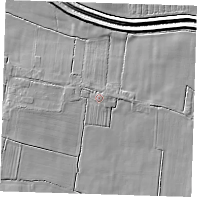 Shaded relief map of the ground around PE235BJ, computed from Environment Agency LiDAR. The ground here sits at about 5 m above sea level and falls 7 m across the surrounding 800 m. Surface water reaching this point runs off ground lying to the east-north-east, 1.1 m higher.