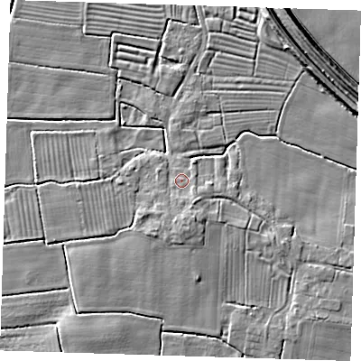 Shaded relief map of the ground around PE235BL, computed from Environment Agency LiDAR. The ground here sits at about 4 m above sea level and falls 6 m across the surrounding 800 m. Surface water reaching this point runs off ground lying to the south, 2.0 m higher.