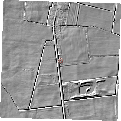 Shaded relief map of the ground around PE235BQ, computed from Environment Agency LiDAR. The ground here sits at about 1 m above sea level and falls 5 m across the surrounding 800 m. Surface water reaching this point runs off ground lying to the north, 2.9 m higher.