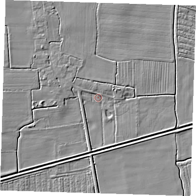 Shaded relief map of the ground around PE235BW, computed from Environment Agency LiDAR. The ground here sits at about 2 m above sea level and falls 5 m across the surrounding 800 m. Surface water reaching this point runs off ground lying to the north-west, 3.0 m higher.