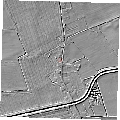 Shaded relief map of the ground around PE235DA, computed from Environment Agency LiDAR. The ground here sits at about 4 m above sea level and falls 8 m across the surrounding 800 m. Surface water reaching this point runs off ground lying to the north-north-west, 3.7 m higher.