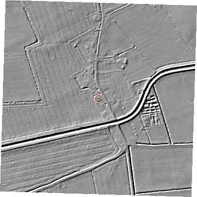Shaded relief map of the ground around PE235DB, computed from Environment Agency LiDAR. The ground here sits at about 4 m above sea level and falls 7 m across the surrounding 800 m. Surface water reaching this point runs off ground lying to the north-east, 1.1 m higher.