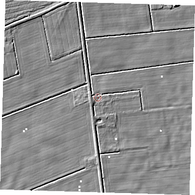 Shaded relief map of the ground around PE235DD, computed from Environment Agency LiDAR. The ground here sits at about 1 m above sea level and falls 4 m across the surrounding 800 m. Surface water reaching this point runs off ground lying to the west-south-west, 2.3 m higher.