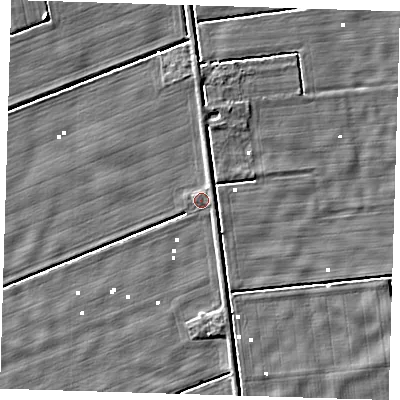 Shaded relief map of the ground around PE235DE, computed from Environment Agency LiDAR. The ground here sits at about 1 m above sea level and falls 5 m across the surrounding 800 m. Surface water reaching this point runs off ground lying to the east-south-east, 0.9 m higher.