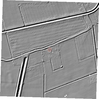 Shaded relief map of the ground around PE235DF, computed from Environment Agency LiDAR. The ground here sits at about 2 m above sea level and falls 5 m across the surrounding 800 m. Surface water reaching this point runs off ground lying to the west, 1.6 m higher.