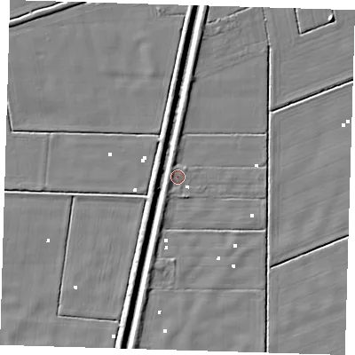 Shaded relief map of the ground around PE235DG, computed from Environment Agency LiDAR. The ground here sits at about 0 m above sea level and falls 5 m across the surrounding 800 m. Surface water reaching this point runs off ground lying to the west-north-west, 1.6 m higher.