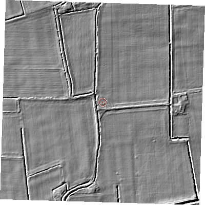 Shaded relief map of the ground around PE235DQ, computed from Environment Agency LiDAR. The ground here sits at about 5 m above sea level and falls 7 m across the surrounding 800 m. Surface water reaching this point runs off ground lying to the north, 3.6 m higher.