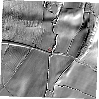Shaded relief map of the ground around PE235NS, computed from Environment Agency LiDAR. The ground here sits at about 19 m above sea level and falls 16 m across the surrounding 800 m. Surface water reaching this point runs off ground lying to the west-north-west, 12.6 m higher.