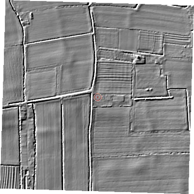 Shaded relief map of the ground around PE235PG, computed from Environment Agency LiDAR. The ground here sits at about 6 m above sea level and falls 6 m across the surrounding 800 m. Surface water reaching this point runs off ground lying to the west, 2.3 m higher.