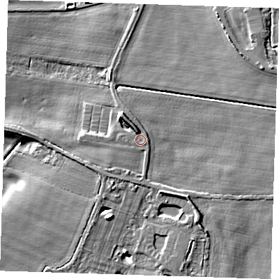 Shaded relief map of the ground around PE235PP, computed from Environment Agency LiDAR. The ground here sits at about 9 m above sea level and falls 9 m across the surrounding 800 m. Surface water reaching this point runs off ground lying to the north-north-west, 2.9 m higher.