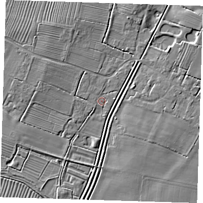 Shaded relief map of the ground around PE235PR, computed from Environment Agency LiDAR. The ground here sits at about 5 m above sea level and falls 6 m across the surrounding 800 m. Surface water reaching this point runs off ground lying to the west-north-west, 3.9 m higher.