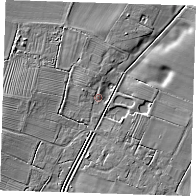 Shaded relief map of the ground around PE235PS, computed from Environment Agency LiDAR. The ground here sits at about 6 m above sea level and falls 6 m across the surrounding 800 m. Surface water reaching this point runs off ground lying to the west-north-west, 2.2 m higher.