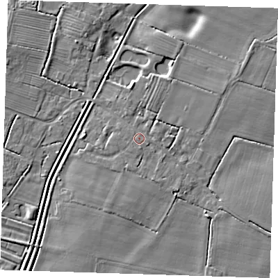 Shaded relief map of the ground around PE235PT, computed from Environment Agency LiDAR. The ground here sits at about 6 m above sea level and falls 5 m across the surrounding 800 m. Surface water reaching this point runs off ground lying to the south, 0.5 m higher.