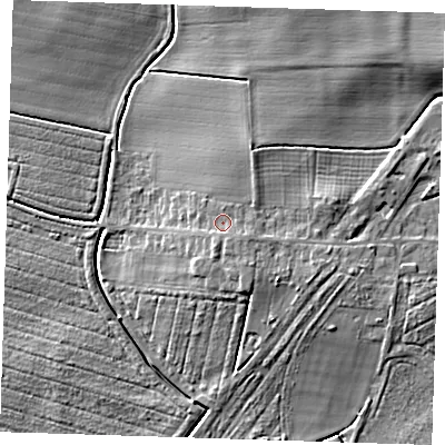 Shaded relief map of the ground around PE235PX, computed from Environment Agency LiDAR. The ground here sits at about 8 m above sea level and falls 7 m across the surrounding 800 m. Surface water reaching this point runs off ground lying to the south-east, 1.0 m higher.