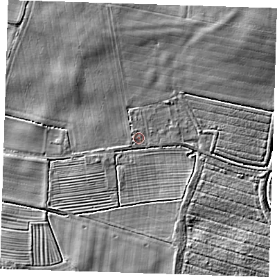 Shaded relief map of the ground around PE235QA, computed from Environment Agency LiDAR. The ground here sits at about 6 m above sea level and falls 6 m across the surrounding 800 m. Surface water reaching this point runs off ground lying to the north-north-west, 2.5 m higher.