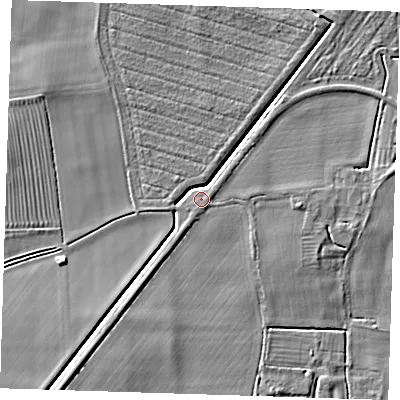 Shaded relief map of the ground around PE235QE, computed from Environment Agency LiDAR. The ground here sits at about 6 m above sea level and falls 5 m across the surrounding 800 m. Surface water reaching this point runs off ground lying to the north-east, 3.4 m higher.