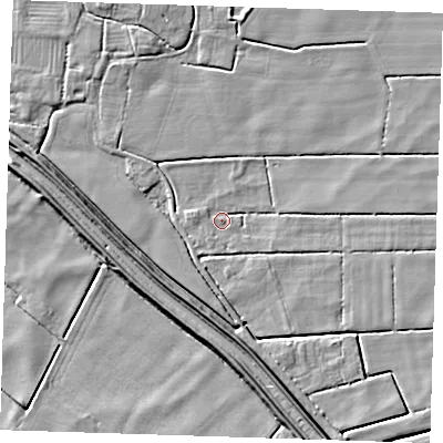 Shaded relief map of the ground around PE235QH, computed from Environment Agency LiDAR. The ground here sits at about 2 m above sea level and falls 7 m across the surrounding 800 m. Surface water reaching this point runs off ground lying to the north-west, 2.0 m higher.