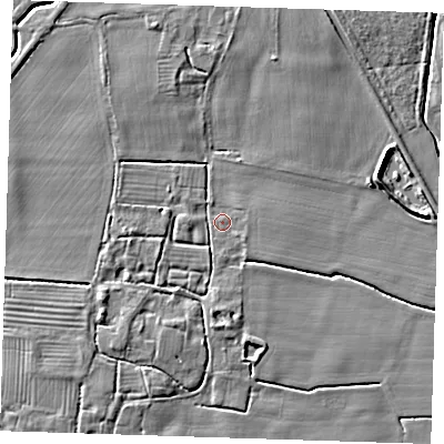 Shaded relief map of the ground around PE235QJ, computed from Environment Agency LiDAR. The ground here sits at about 4 m above sea level and falls 6 m across the surrounding 800 m. Surface water reaching this point runs off ground lying to the north-north-west, 3.6 m higher.