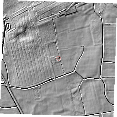 Shaded relief map of the ground around PE235QN, computed from Environment Agency LiDAR. The ground here sits at about 3 m above sea level and falls 6 m across the surrounding 800 m. Surface water reaching this point runs off ground lying to the north-north-west, 3.6 m higher.