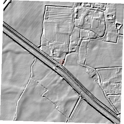 Shaded relief map of the ground around PE235QQ, computed from Environment Agency LiDAR. The ground here sits at about 3 m above sea level and falls 7 m across the surrounding 800 m. Surface water reaching this point runs off ground lying to the north-north-east, 3.2 m higher.