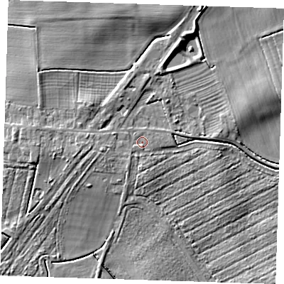 Shaded relief map of the ground around PE235QW, computed from Environment Agency LiDAR. The ground here sits at about 7 m above sea level and falls 7 m across the surrounding 800 m. Surface water reaching this point runs off ground lying to the south-west, 1.1 m higher.