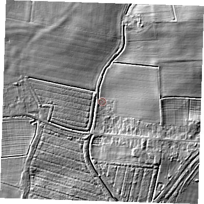 Shaded relief map of the ground around PE235QZ, computed from Environment Agency LiDAR. The ground here sits at about 6 m above sea level and falls 7 m across the surrounding 800 m. Surface water reaching this point runs off ground lying to the north-east, 5.7 m higher.