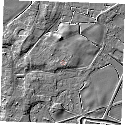 Shaded relief map of the ground around PE244AA, computed from Environment Agency LiDAR. The ground here sits at about 5 m above sea level and falls 8 m across the surrounding 800 m. Surface water reaching this point runs off ground lying to the east-south-east, 1.1 m higher.