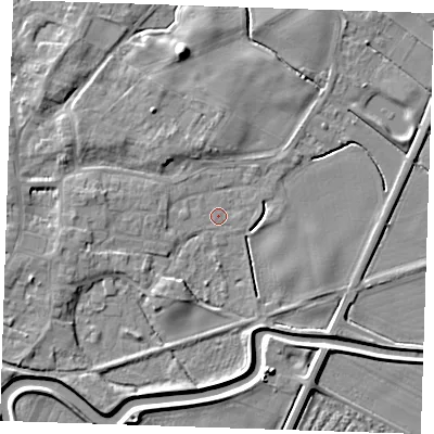 Shaded relief map of the ground around PE244AB, computed from Environment Agency LiDAR. The ground here sits at about 3 m above sea level and falls 7 m across the surrounding 800 m. Surface water reaching this point runs off ground lying to the west-south-west, 3.8 m higher.