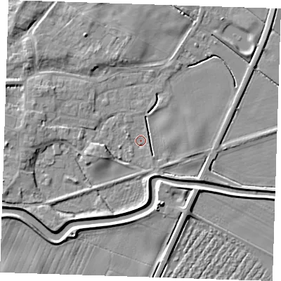 Shaded relief map of the ground around PE244AD, computed from Environment Agency LiDAR. The ground here sits at about 3 m above sea level and falls 6 m across the surrounding 800 m. Surface water reaching this point runs off ground lying to the west, 3.3 m higher.