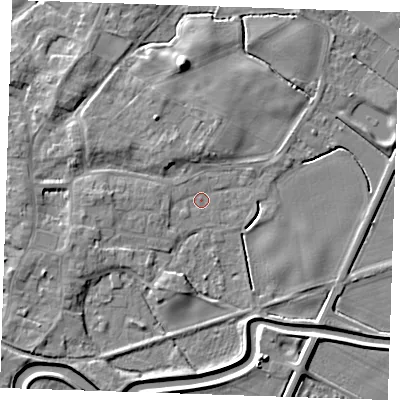 Shaded relief map of the ground around PE244AE, computed from Environment Agency LiDAR. The ground here sits at about 3 m above sea level and falls 7 m across the surrounding 800 m. Surface water reaching this point runs off ground lying to the west-south-west, 2.8 m higher.