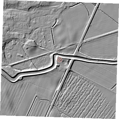 Shaded relief map of the ground around PE244AF, computed from Environment Agency LiDAR. The ground here sits at about 5 m above sea level and falls 6 m across the surrounding 800 m. Surface water reaching this point runs off ground lying to the south, 4.9 m higher.