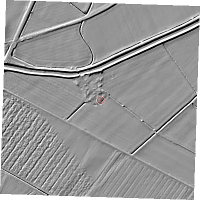 Shaded relief map of the ground around PE244AG, computed from Environment Agency LiDAR. The ground here sits at about 3 m above sea level and falls 4 m across the surrounding 800 m. Surface water reaching this point runs off ground lying to the north-north-east, 2.1 m higher.