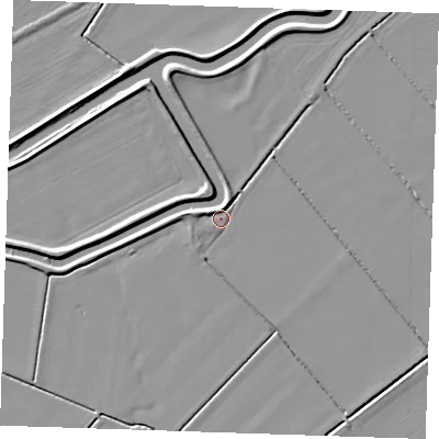 Shaded relief map of the ground around PE244AH, computed from Environment Agency LiDAR. The ground here sits at about 3 m above sea level and falls 4 m across the surrounding 800 m. Surface water reaching this point runs off ground lying to the west-north-west, 2.7 m higher.