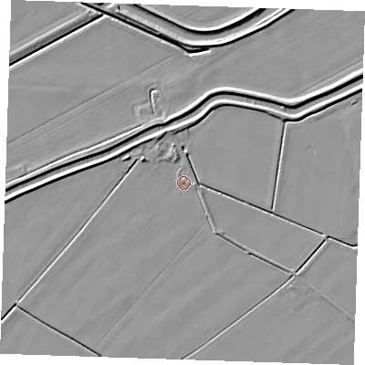Shaded relief map of the ground around PE244AJ, computed from Environment Agency LiDAR. The ground here sits at about 3 m above sea level and falls 5 m across the surrounding 800 m. Surface water reaching this point runs off ground lying to the west-north-west, 2.4 m higher.