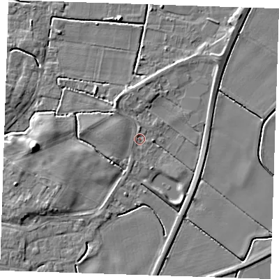 Shaded relief map of the ground around PE244AN, computed from Environment Agency LiDAR. The ground here sits at about 3 m above sea level and falls 7 m across the surrounding 800 m. Surface water reaching this point runs off ground lying to the west, 1.5 m higher.