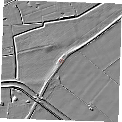 Shaded relief map of the ground around PE244AP, computed from Environment Agency LiDAR. The ground here sits at about 4 m above sea level and falls 5 m across the surrounding 800 m. Surface water reaching this point runs off ground lying to the north-north-west, 1.9 m higher.
