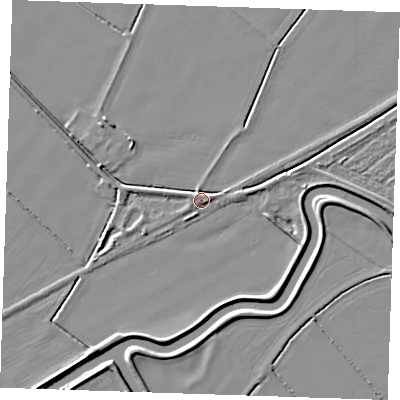 Shaded relief map of the ground around PE244AR, computed from Environment Agency LiDAR. The ground here sits at about 4 m above sea level and falls 4 m across the surrounding 800 m. Surface water reaching this point runs off ground lying to the east-north-east, 2.2 m higher.